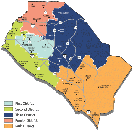 Map of Orange County, California separated by district